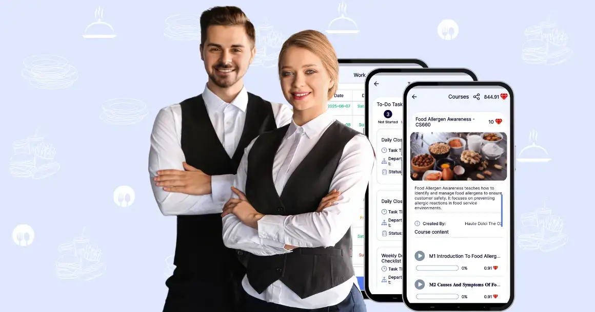 Two hospitality staff members in uniform stand confidently in front of mobile screens showing eHubt's training and task management features, with a light blue background featuring restaurant icons