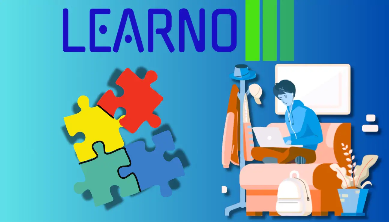 Animated student studying on a sofa with a laptop, surrounded by learning essentials, next to colorful puzzle pieces and the LEARNO logo on a gradient blue background.