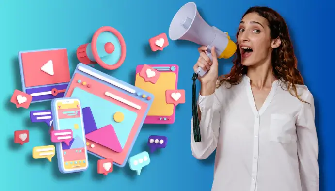 Woman using a megaphone to promote content, surrounded by colorful 3D digital screens, chat bubbles, and social media icons, symbolizing online marketing and audience engagement.