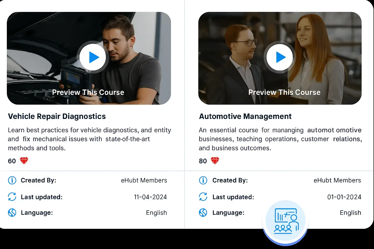 Two online automotive training courses displayed side by side, featuring 'Vehicle Repair Diagnostics' with a mechanic using diagnostic tools, and 'Automotive Management' with professionals in a dealership setting; each course includes a preview button, description, diamond points, and course details like creator, update date, and language