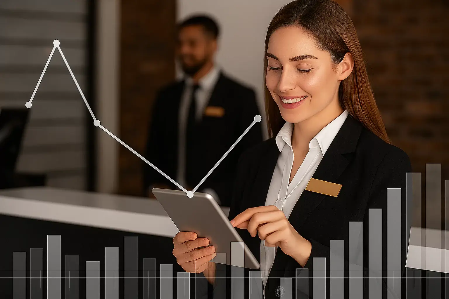 A hotel front desk employee in uniform smiling while using a digital tablet, symbolizing technology-driven service in the hospitality industry