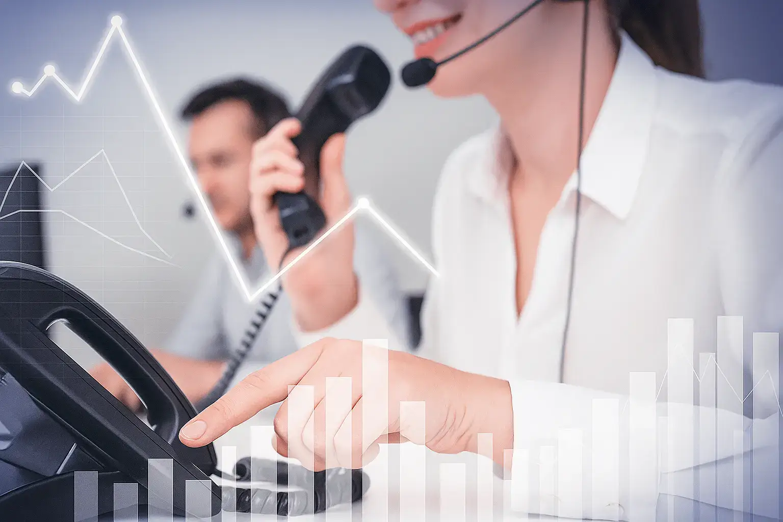 Call center agents using desk phones and headsets, with a female agent in focus dialing a call and financial analytics graphics overlaid, symbolizing call center performance tracking and productivity analysis