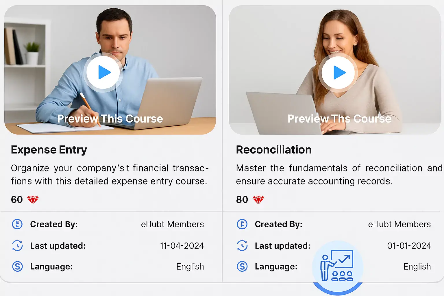 Two finance courses side by side: one on financial reports with a man using a calculator, and another on budgeting with a woman reviewing papers