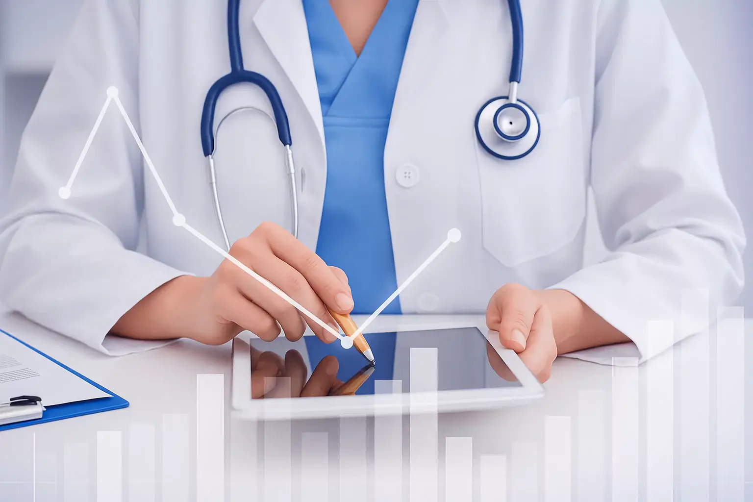 A healthcare professional using a calculator with medical documents and financial charts overlaid, symbolizing healthcare finance management.