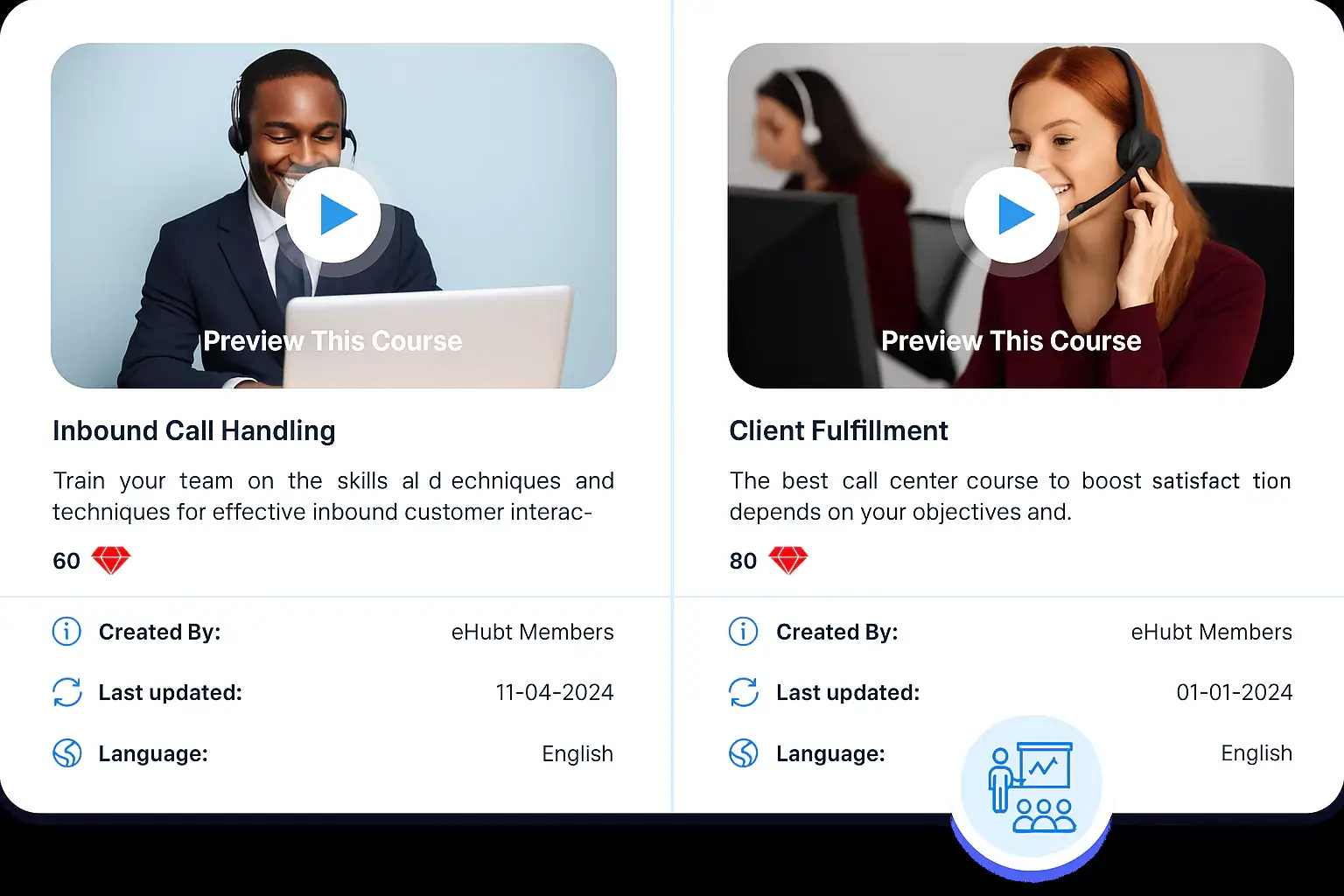 Two call center training course cards with preview buttons, agent photos, and course details for Inbound Call Handling and Client Fulfillment