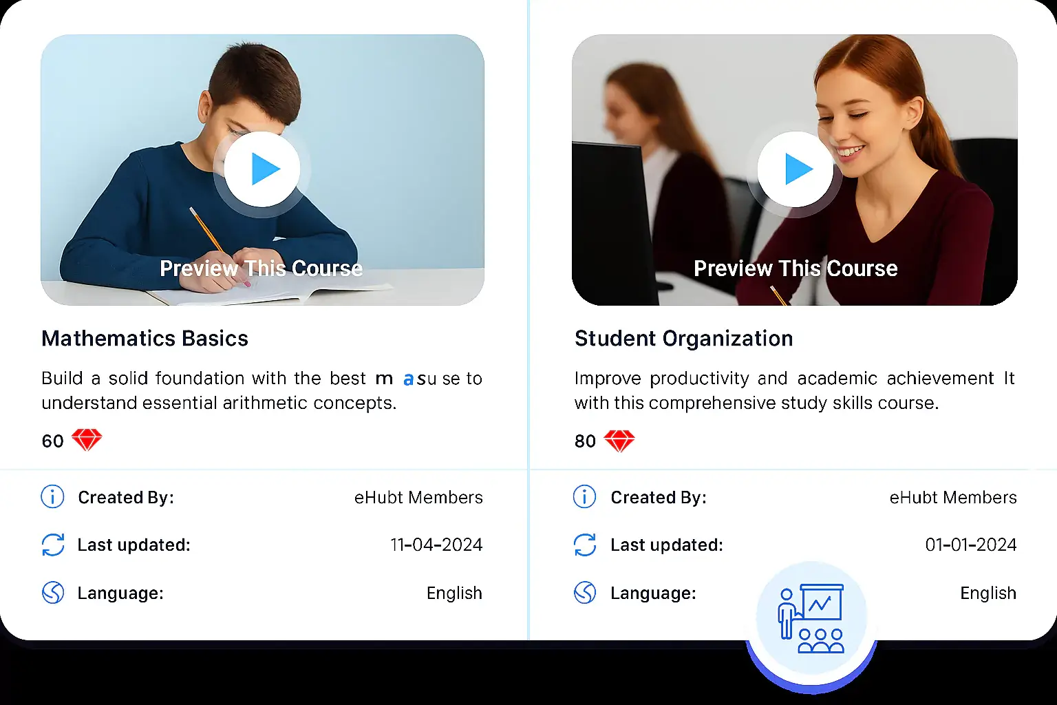 Two educational e-learning course cards titled 'Mathematics Basics' and 'Student Organization' with preview buttons, course descriptions, and metadata