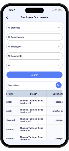 Document management system E Documents Software mobile app view for employee documents