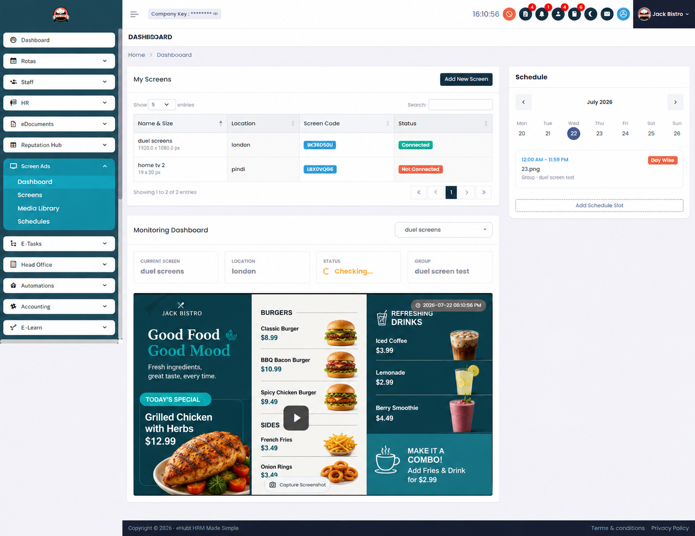 eHubt Screen Ads App dashboard controlling vertical and horizontal digital signage screens