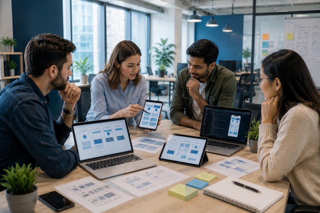 Mobile app development workspace showing smartphone app design and business technology